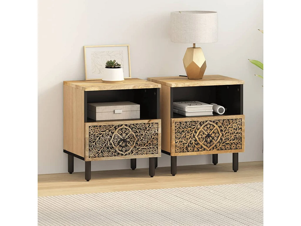 Lot de 2 Tables de chevet 40x33x46 cm Bois de manguier solide FR24464