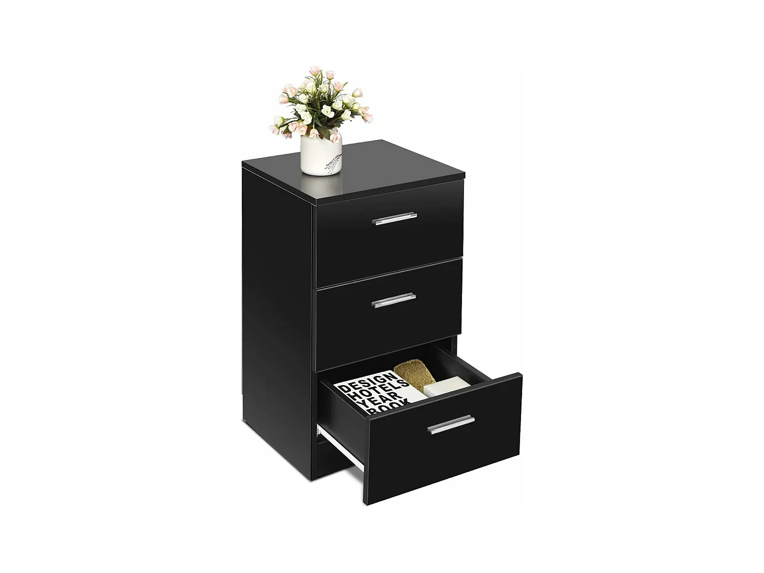 Commode Chambre en Bois avec 3 Tiroirs, Caisson de Bureau avec Tiroir, Table de Chevet pour Lit de H60CM, 35x38x67CM(Noir)