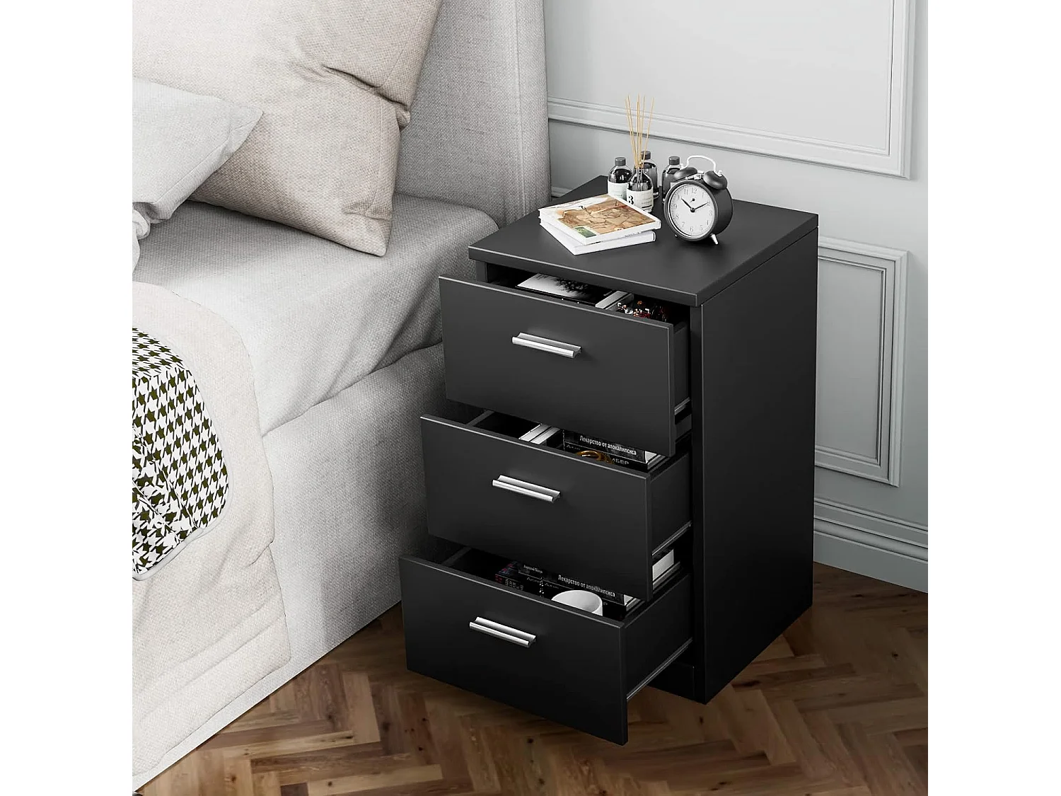 Commode Chambre en Bois avec 3 Tiroirs, Caisson de Bureau avec Tiroir, Table de Chevet pour Lit de H60CM, 35x38x67CM(Noir)