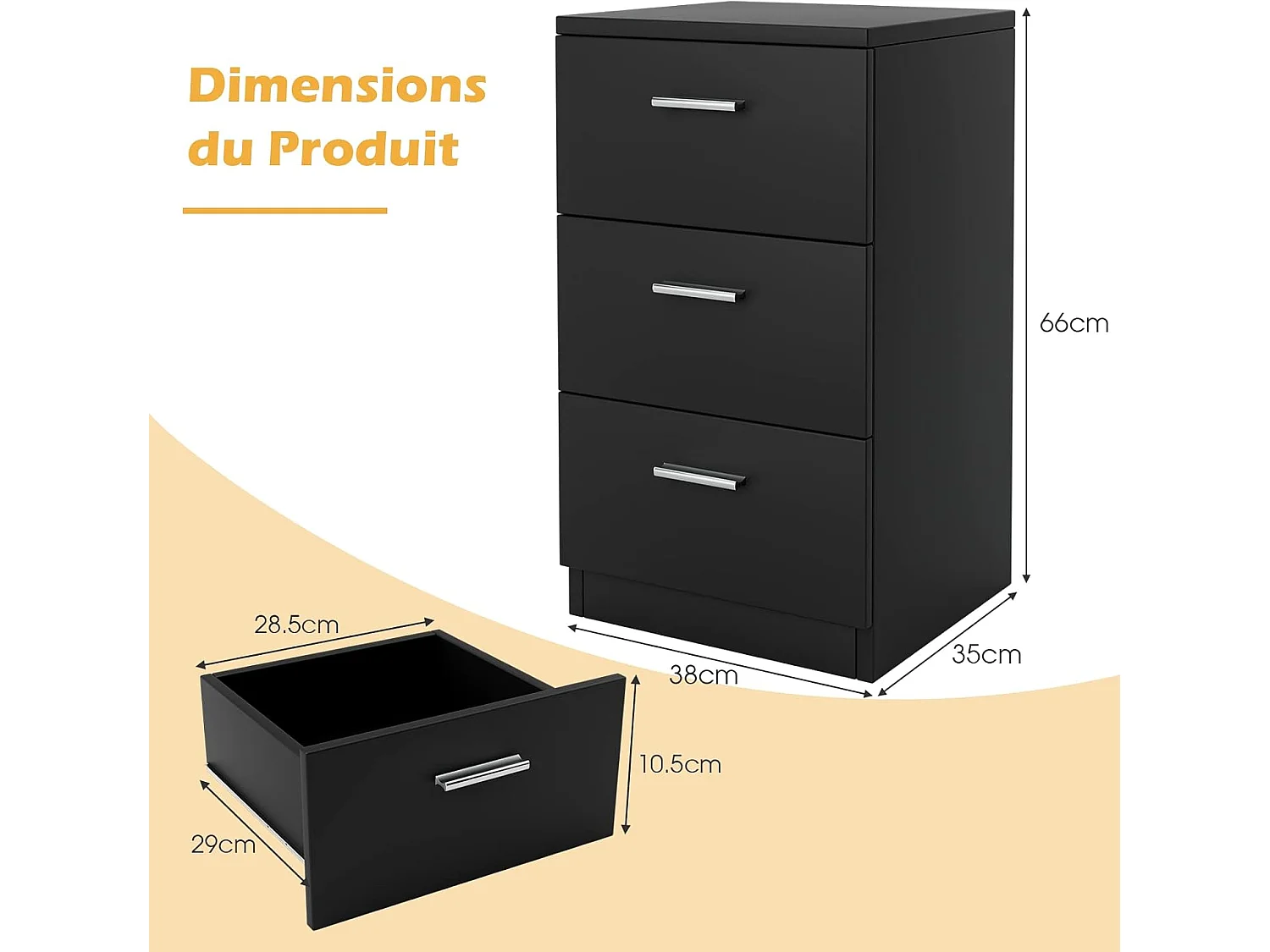 Commode Chambre en Bois avec 3 Tiroirs, Caisson de Bureau avec Tiroir, Table de Chevet pour Lit de H60CM, 35x38x67CM(Noir)