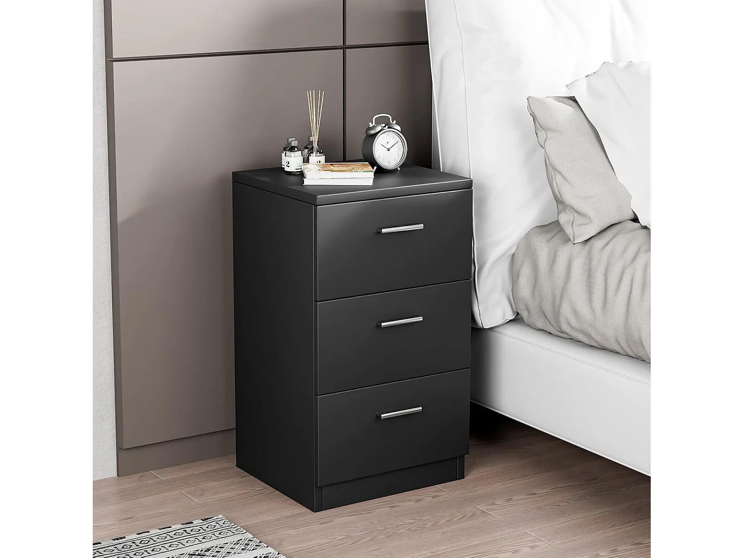 Commode Chambre en Bois avec 3 Tiroirs, Caisson de Bureau avec Tiroir, Table de Chevet pour Lit de H60CM, 35x38x67CM(Noir)