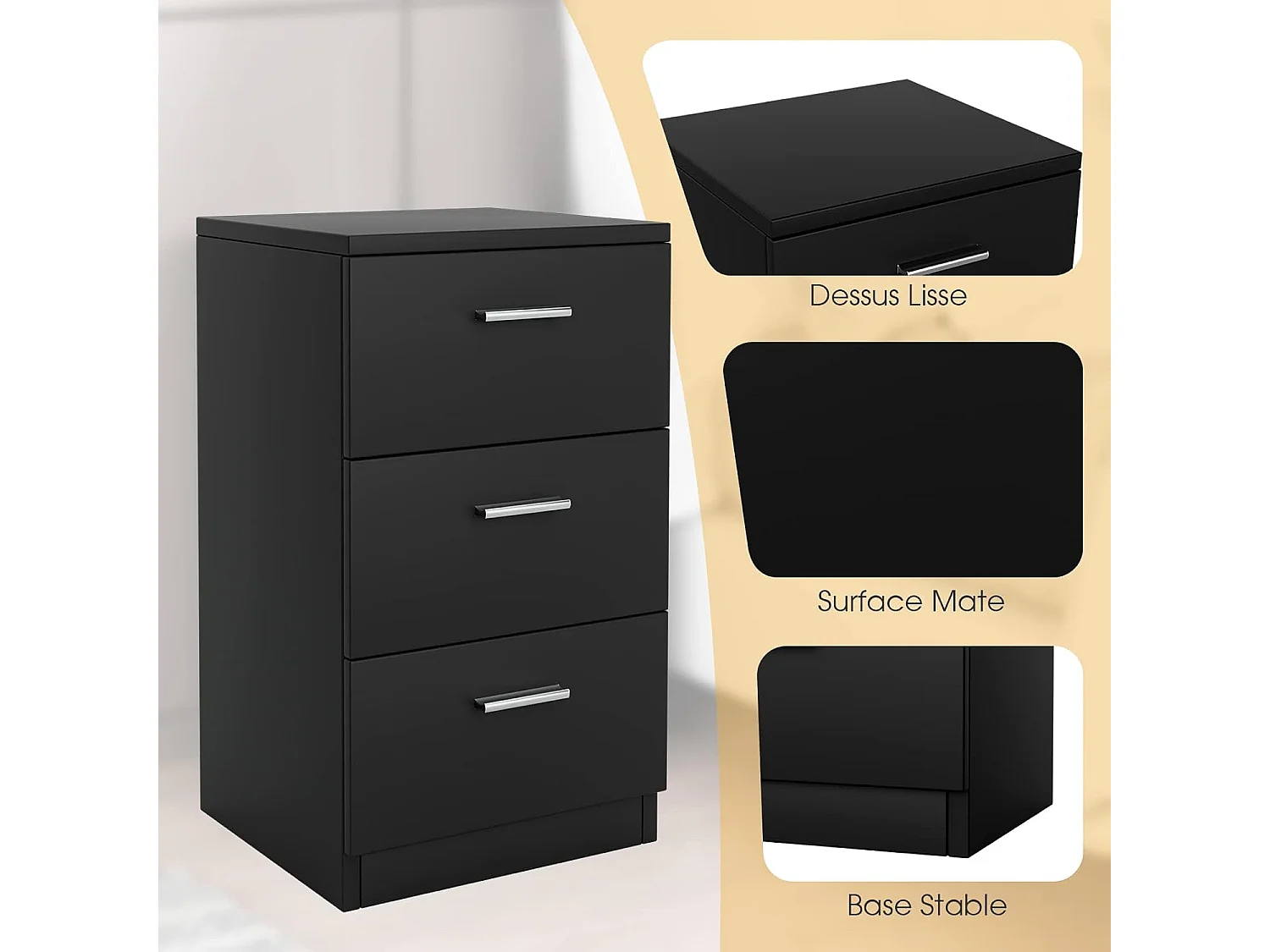 Commode Chambre en Bois avec 3 Tiroirs, Caisson de Bureau avec Tiroir, Table de Chevet pour Lit de H60CM, 35x38x67CM(Noir)