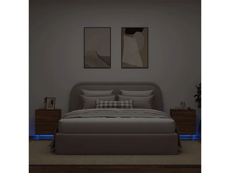 Lot de 2 Tables de chevet et lumières LED chêne marron FR36399