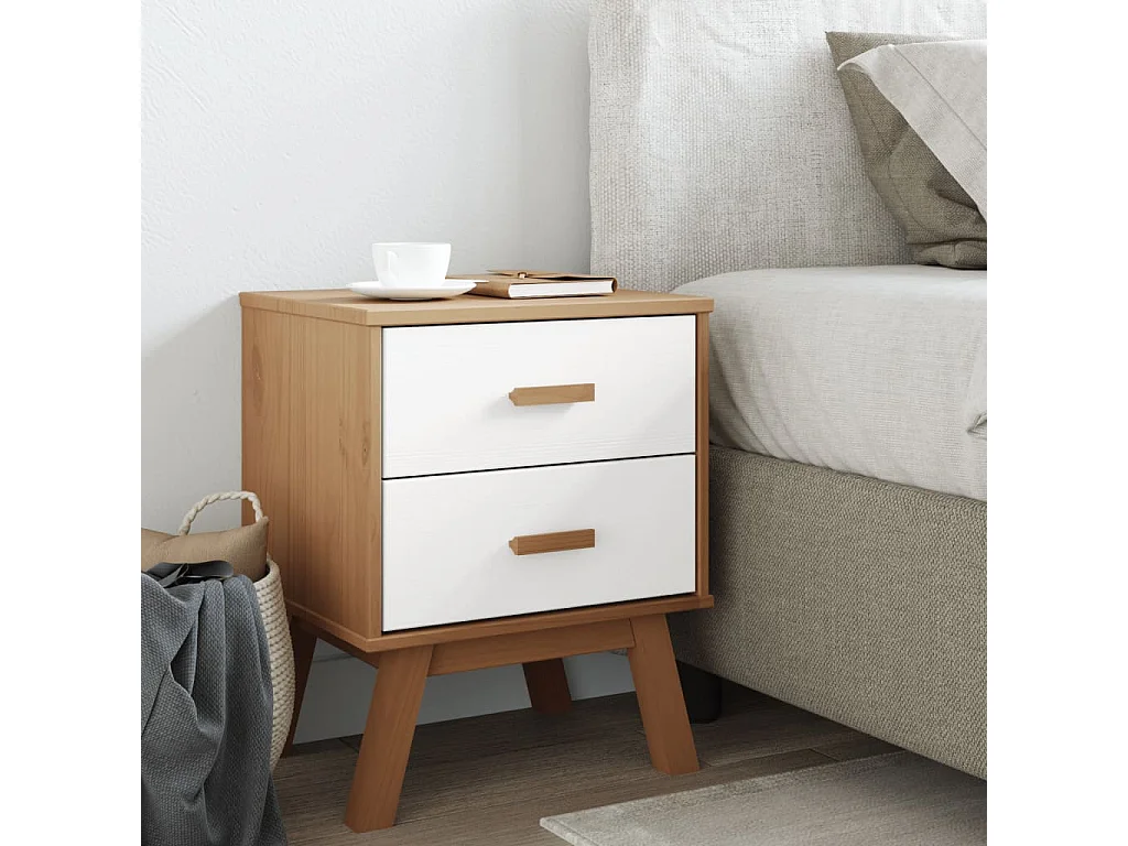 Table de chevet OLDEN blanc et marron bois de pin solide FR51299