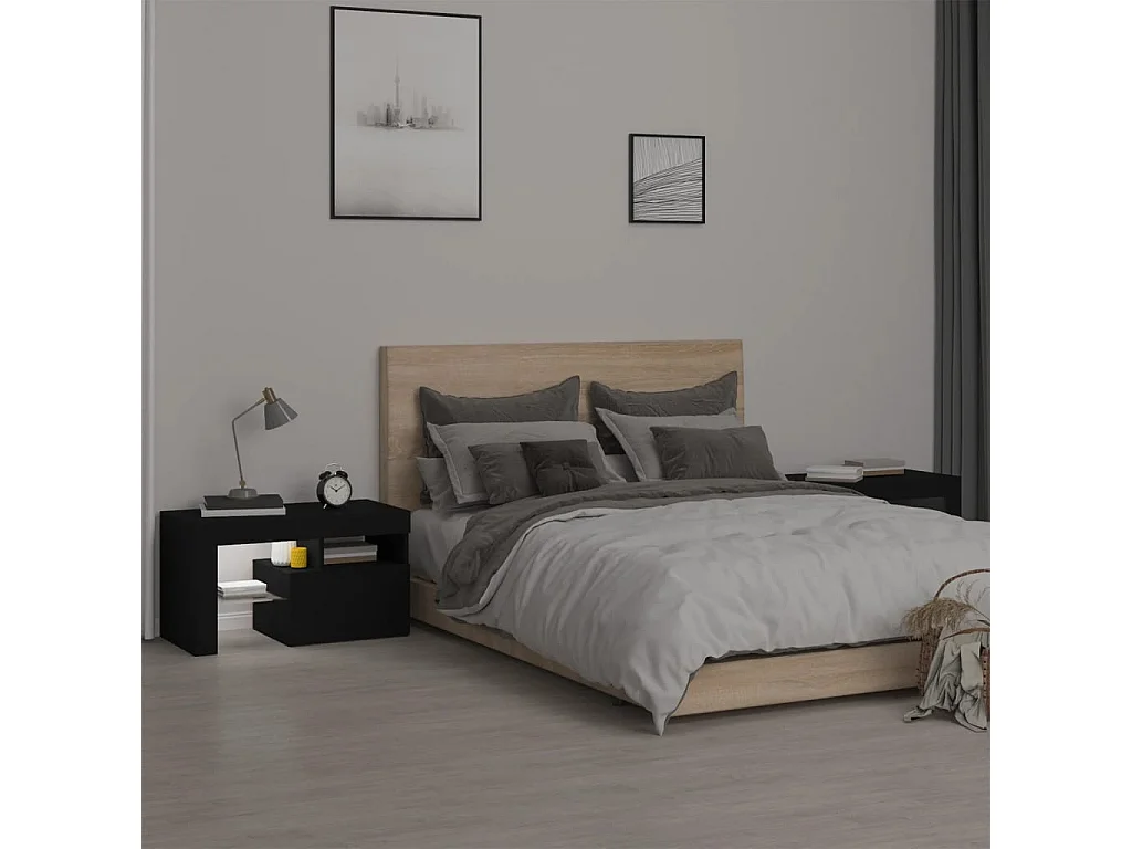 Lot de 2 Tables de chevet et lumières LED Noir 70x36,5x40 cm FR12012