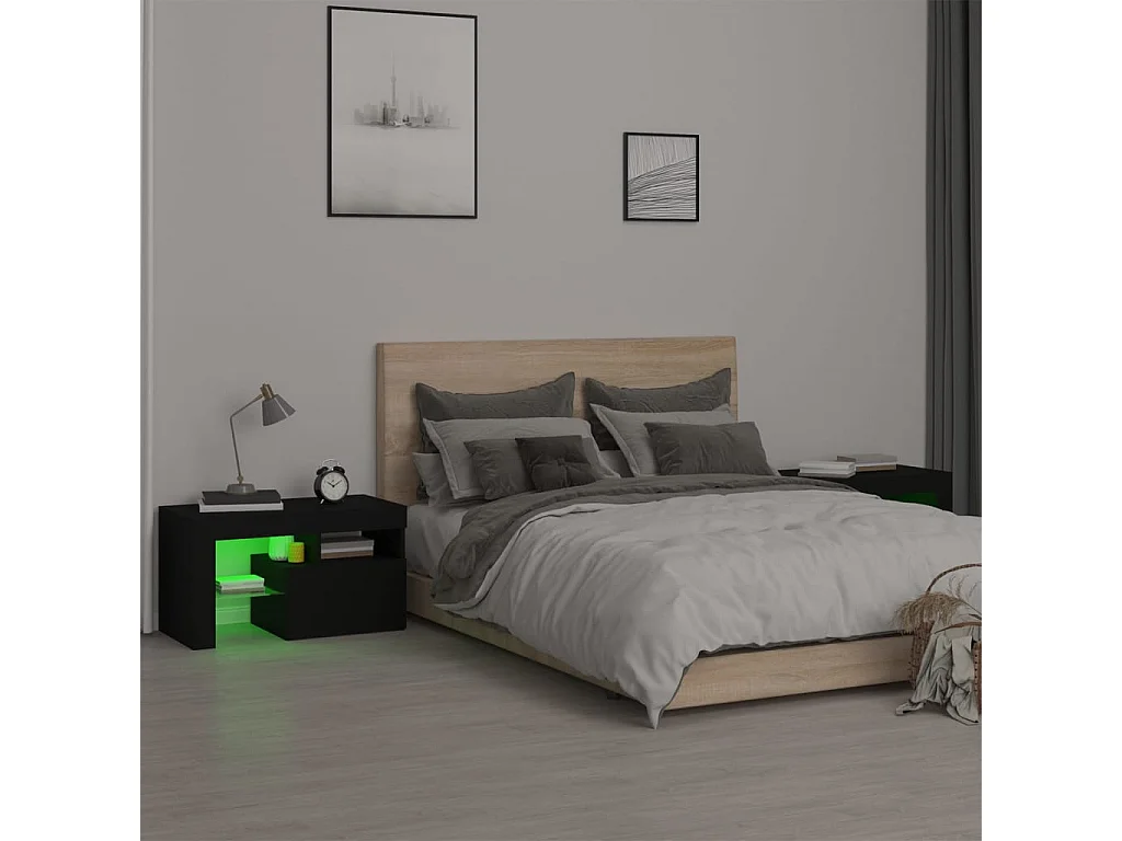 Lot de 2 Tables de chevet et lumières LED Noir 70x36,5x40 cm FR12012