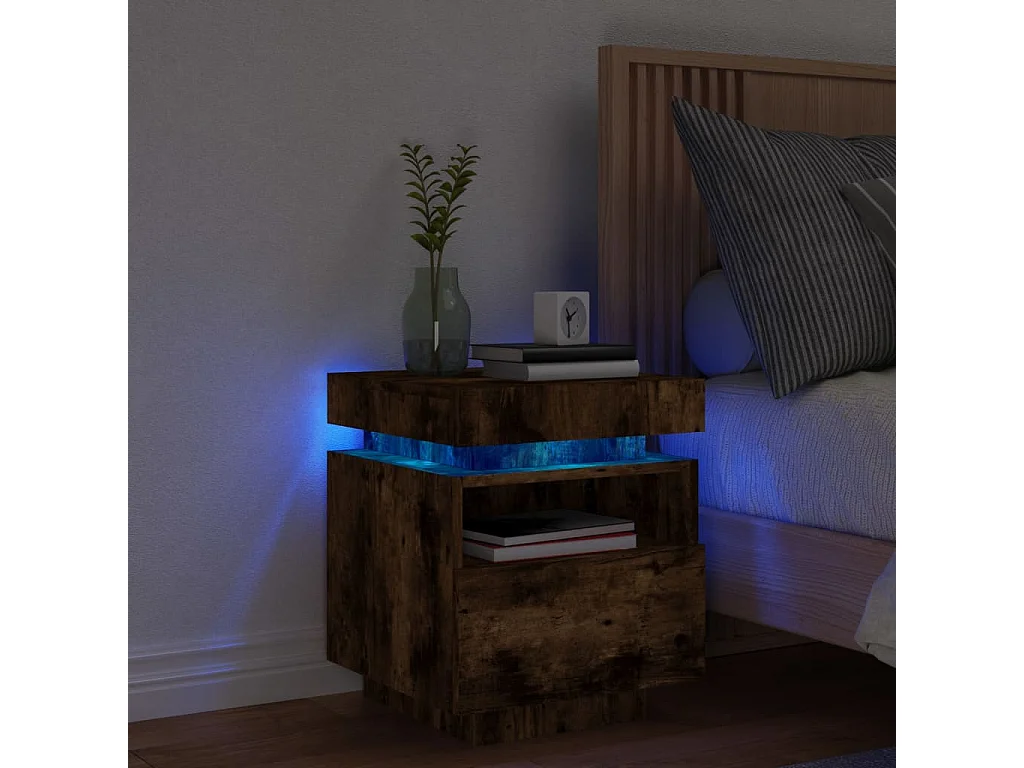 Table de chevet avec lumières LED chêne fumé 40x39x48,5 cm FR56057