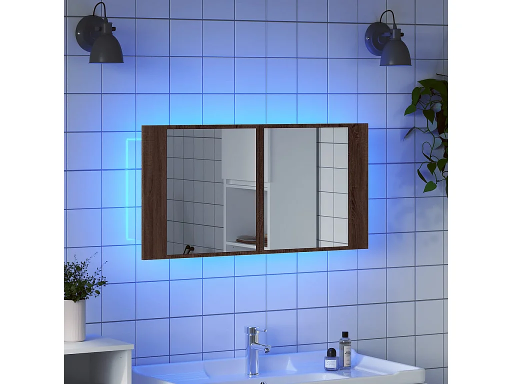 Armoire à miroir à LED de bain chêne marron 90x12x45 cm FR53397