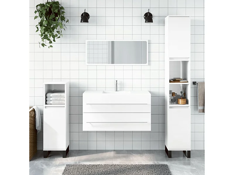Armoire de bain avec miroir blanc brillant bois d'ingénierie FR44227