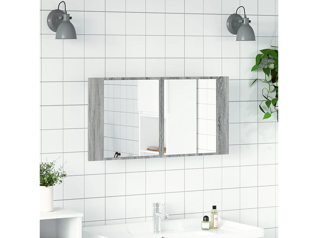 Badkamerkast met spiegel en LED 90x12x45 cm acryl grijs sonoma BE694335