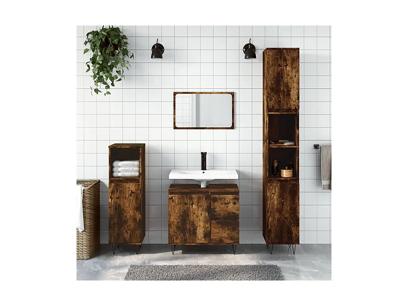 Badkamerkast 65x33x60 cm bewerkt hout gerookt eikenkleurig BE387341