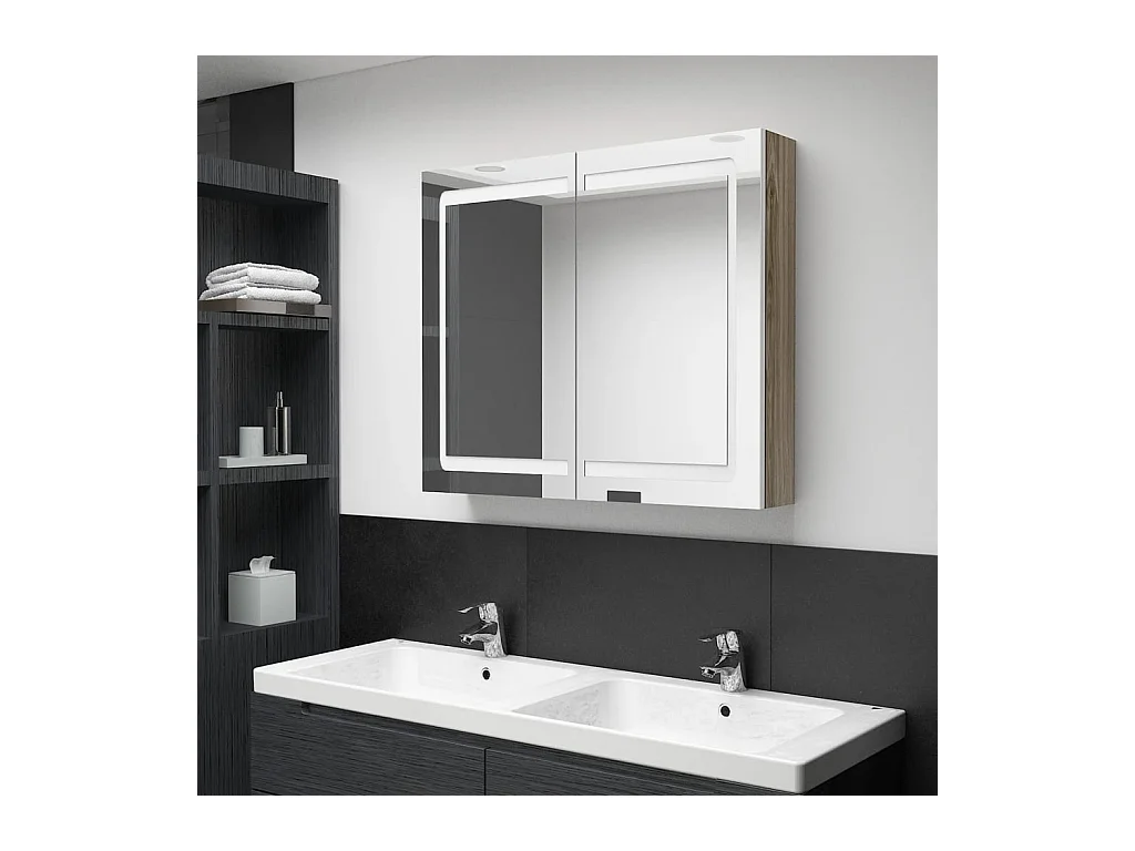 Armoire de salle de bain à miroir à LED Blanc et chêne FR13617