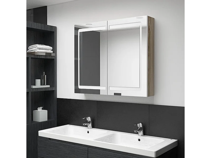 Armoire de salle de bain à miroir à LED Blanc et chêne FR13617