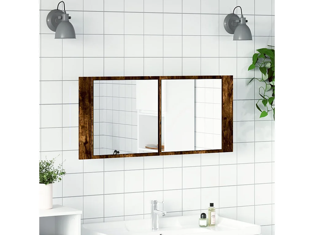 Armoire à miroir à LED de bain chêne fumé 100x12x45 cm FR54495