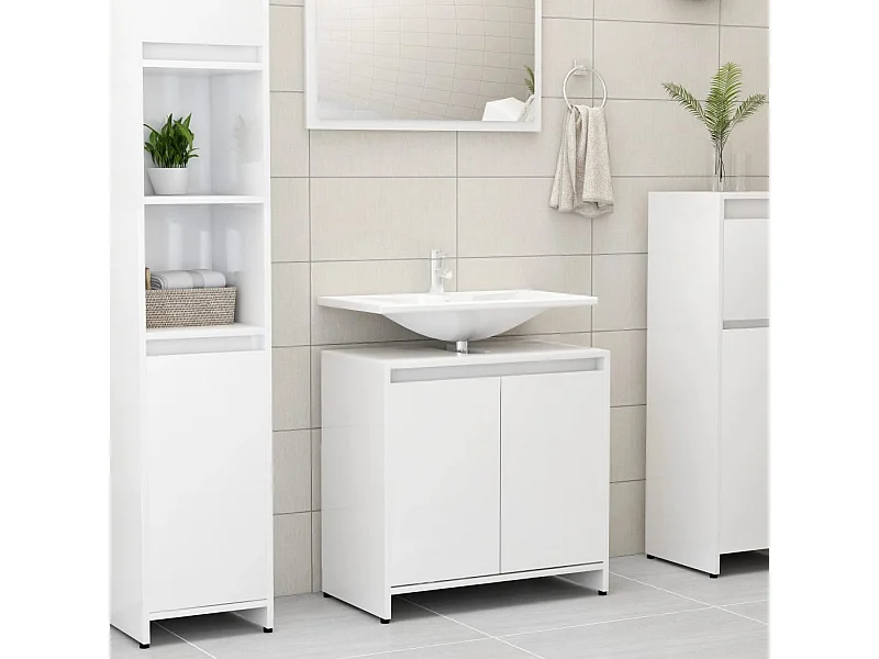 Armario de baño madera contrachapada blanco brillo 60x33x61 cm ES154598