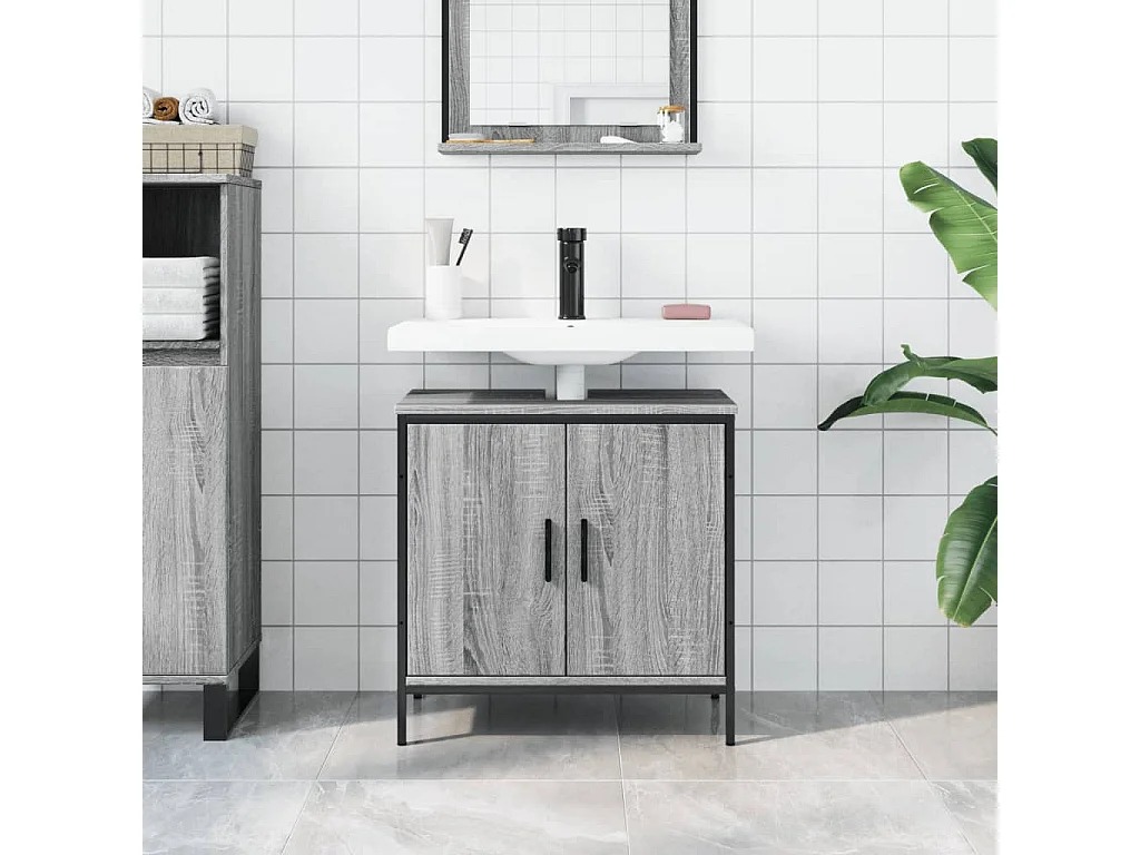 Armario lavabo baño madera ingeniería gris Sonoma 60x30x60 cm ES253637