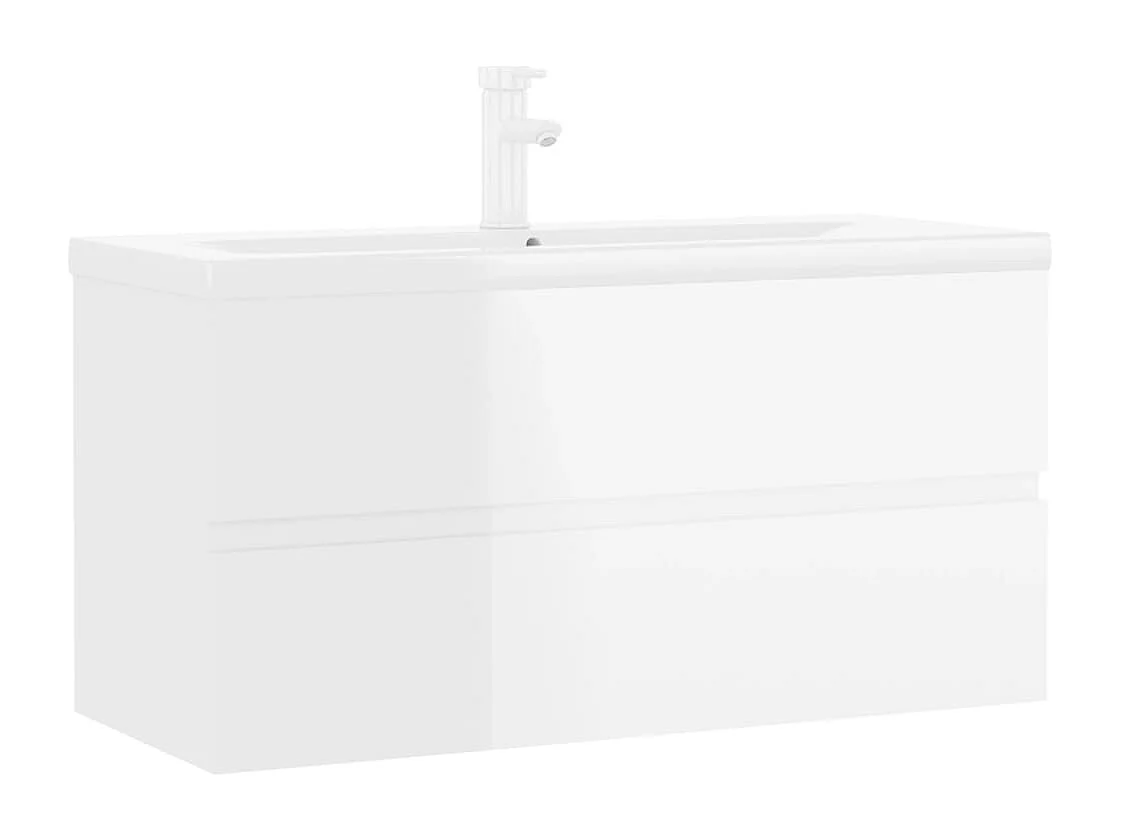 Meuble sous vasque lavabo intégré blanc brillant bois d'ingénierie FR45594