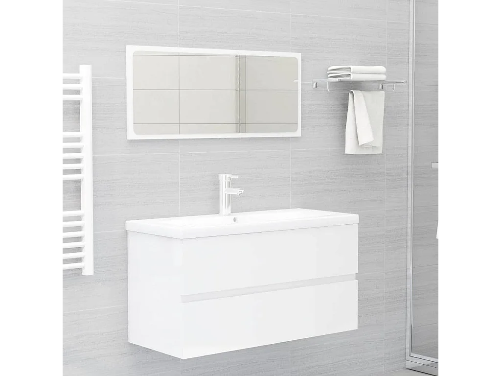 Meuble sous vasque lavabo intégré blanc brillant bois d'ingénierie FR45594