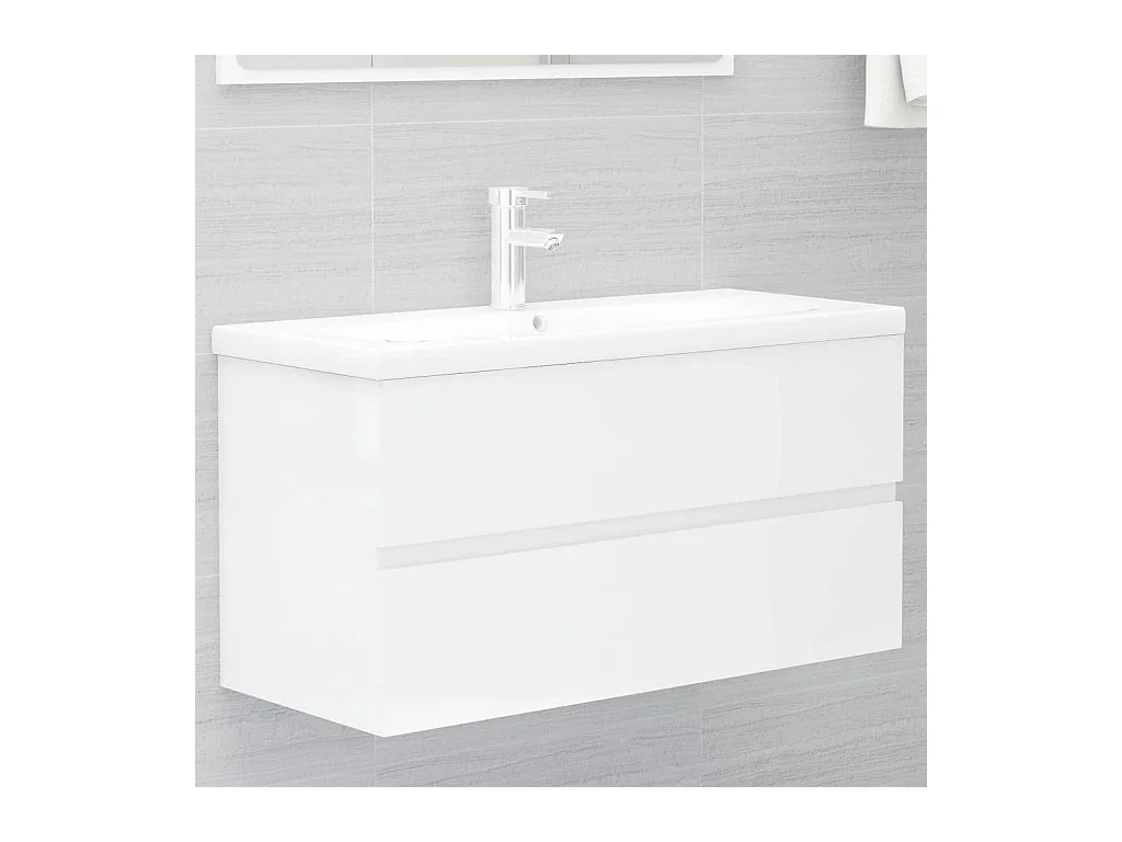 Meuble sous vasque lavabo intégré blanc brillant bois d'ingénierie FR45594
