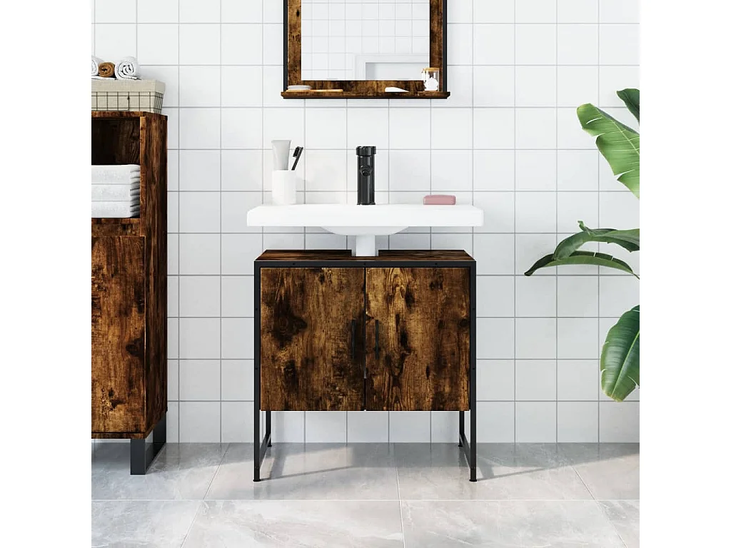Armario lavabo baño madera ingeniería roble ahumado 60x33x60 cm ES486697