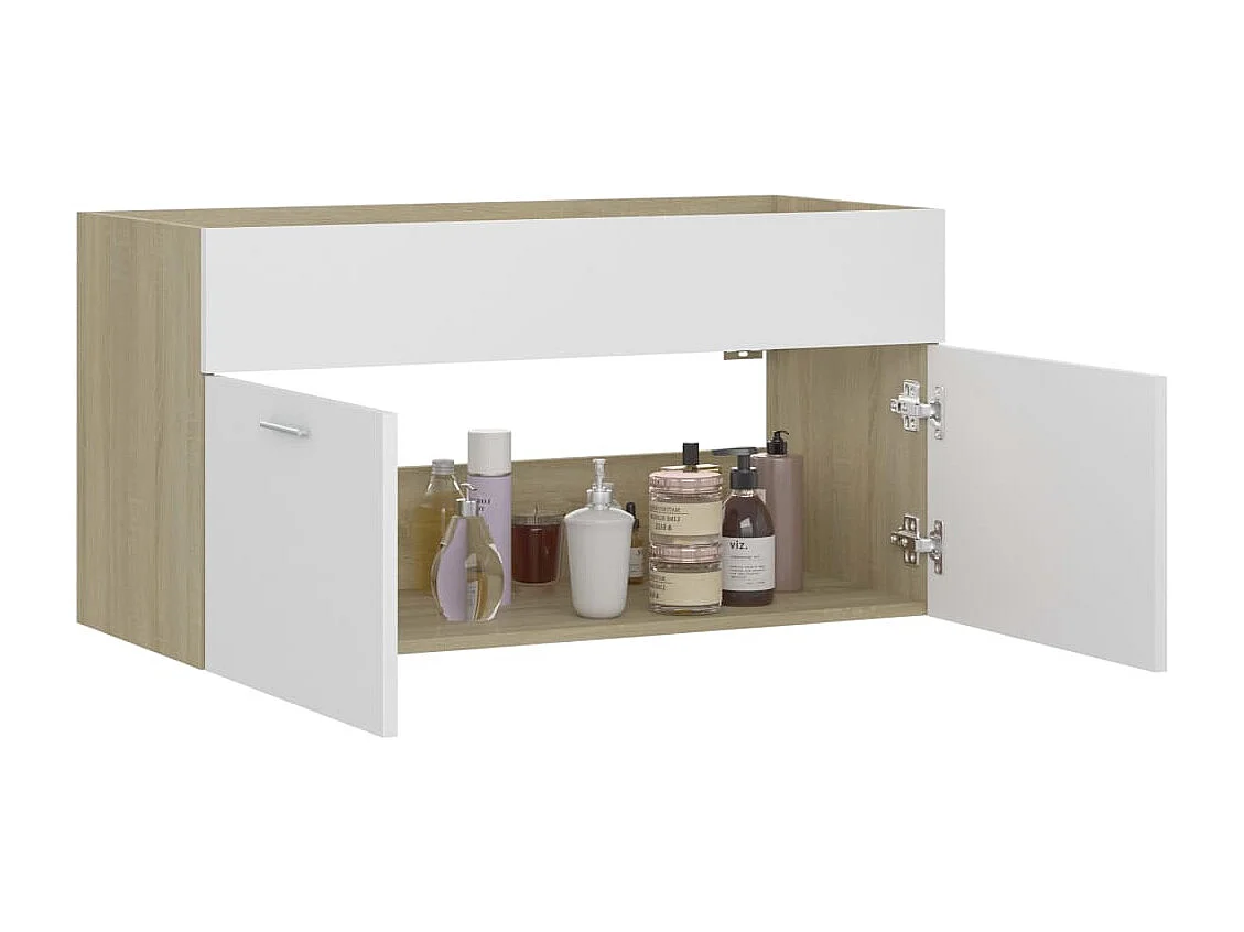 Meuble sous vasque Blanc et chêne sonoma 90x38,5x46 cm Aggloméré FR54310