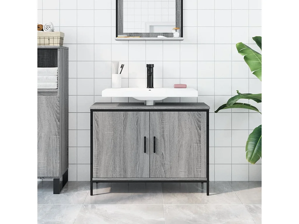 Armario lavabo baño madera ingeniería gris Sonoma 80x30x60 cm ES661194