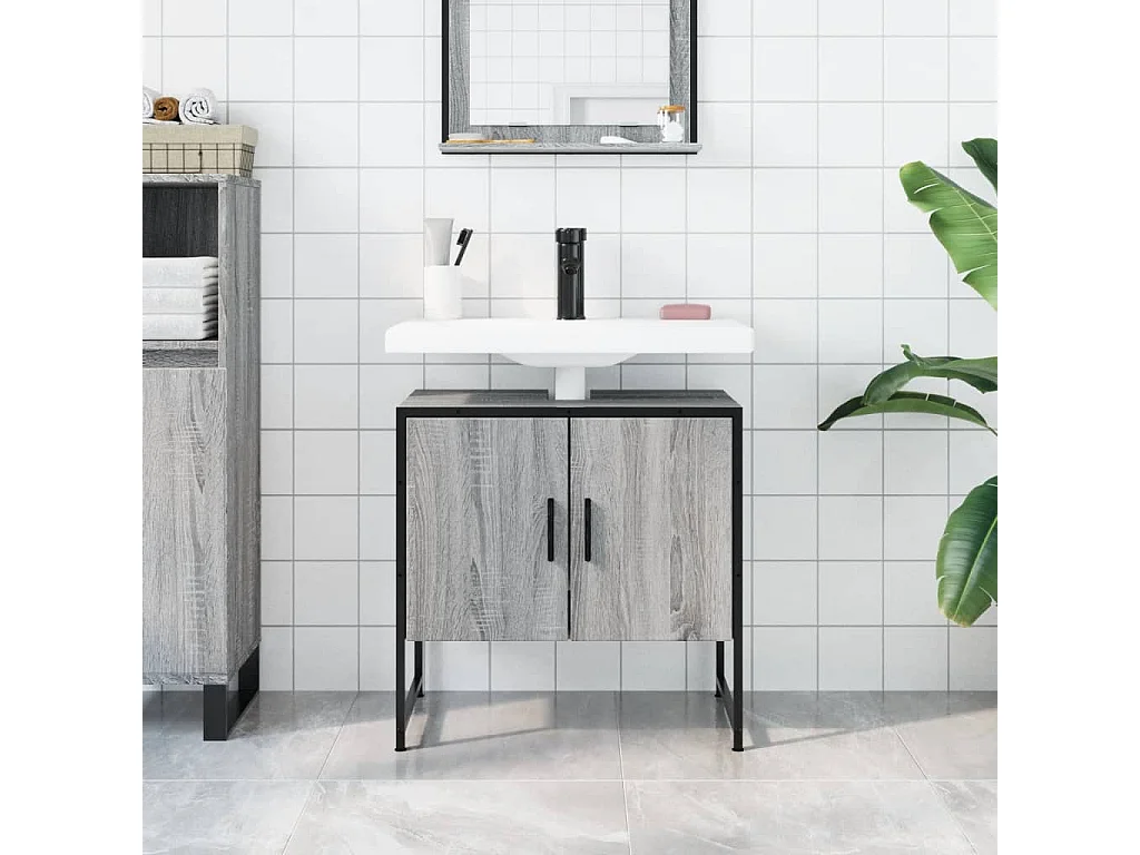 Armario lavabo baño madera ingeniería gris Sonoma 60x33x60 cm ES246739