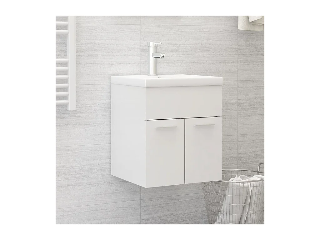 Meuble sous vasque lavabo intégré blanc brillant bois d'ingénierie FR26737
