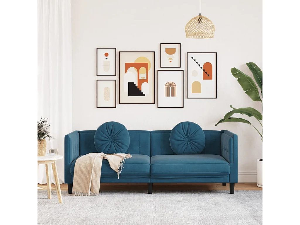 Canapé avec coussins 3 places bleu velours FR14984