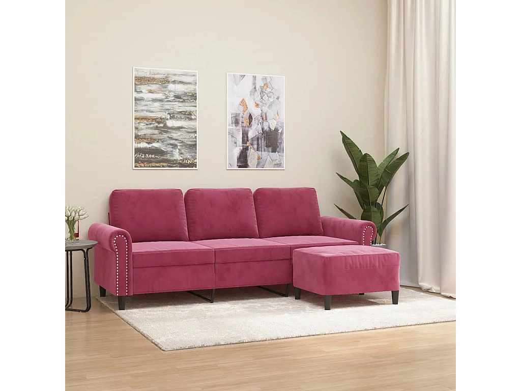 Canapé à 3 places et repose-pieds Rouge bordeaux 180 cm Velours FR25059