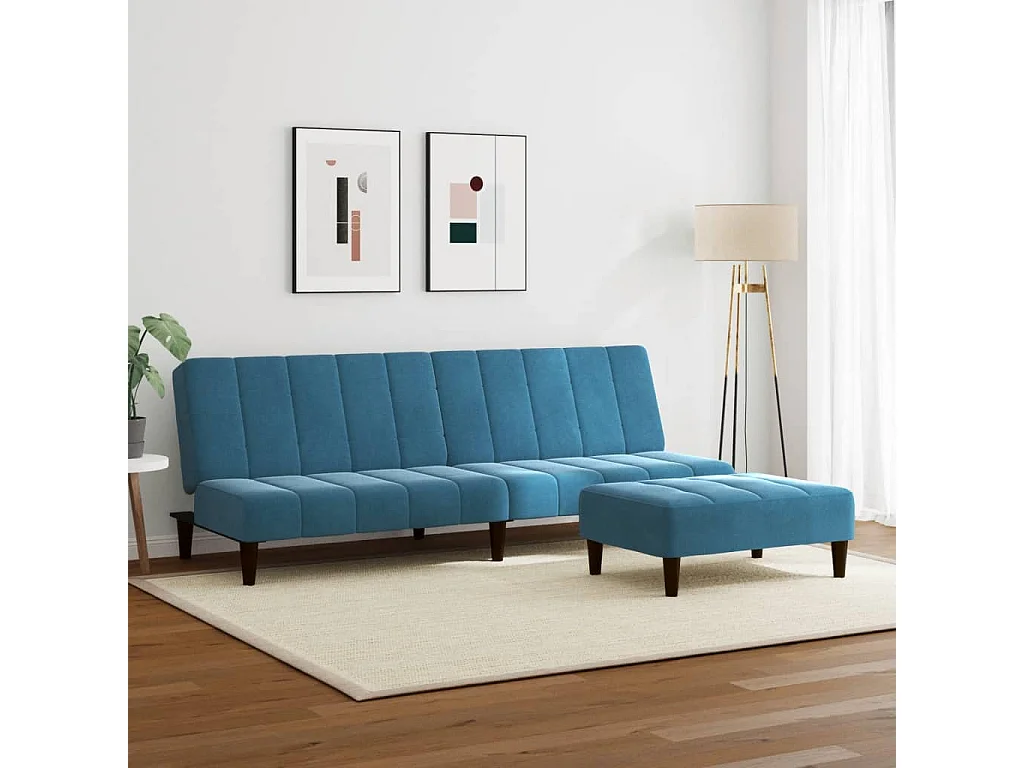 Canapé convertible à 2 places avec repose-pied bleu velours FR79339
