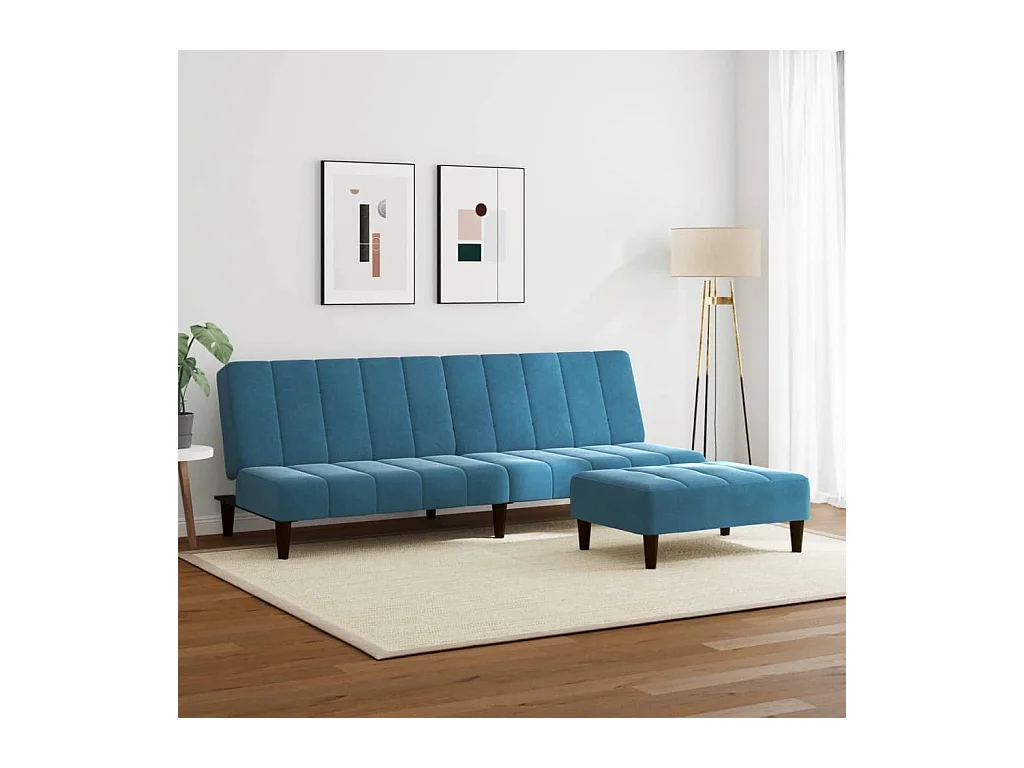 Canapé convertible à 2 places avec repose-pied bleu velours FR79339