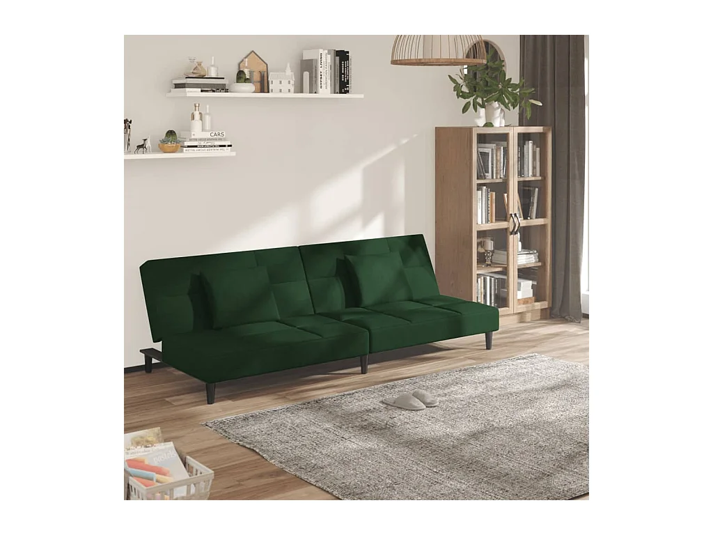 Sofá-cama 2 lugares com duas almofadas veludo verde-escuro PT831946