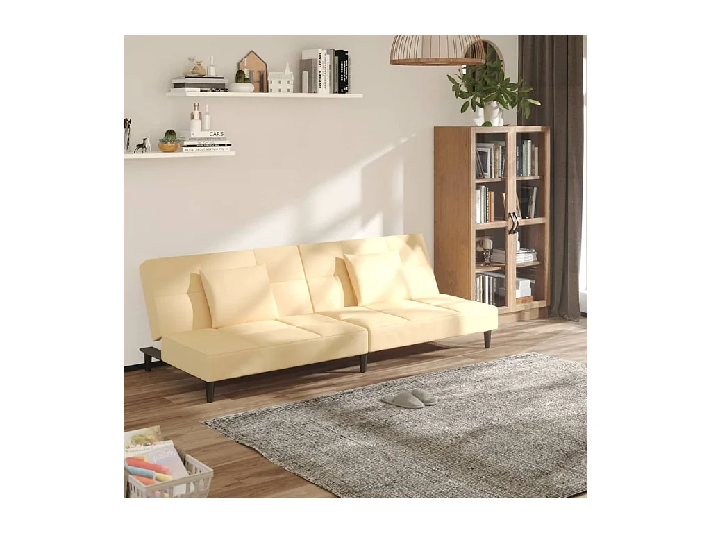 Sofá-cama 2 lugares com duas almofadas veludo cor creme PT881792