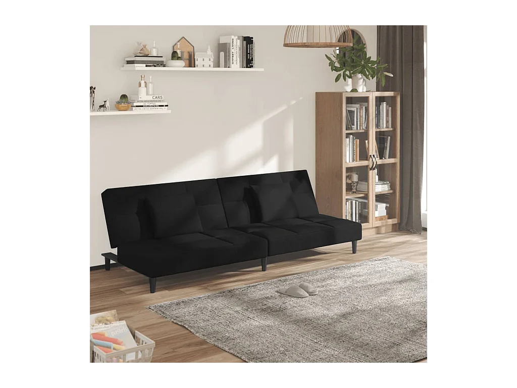 Canapé convertible à 2 places avec deux oreillers Noir Velours FR97317