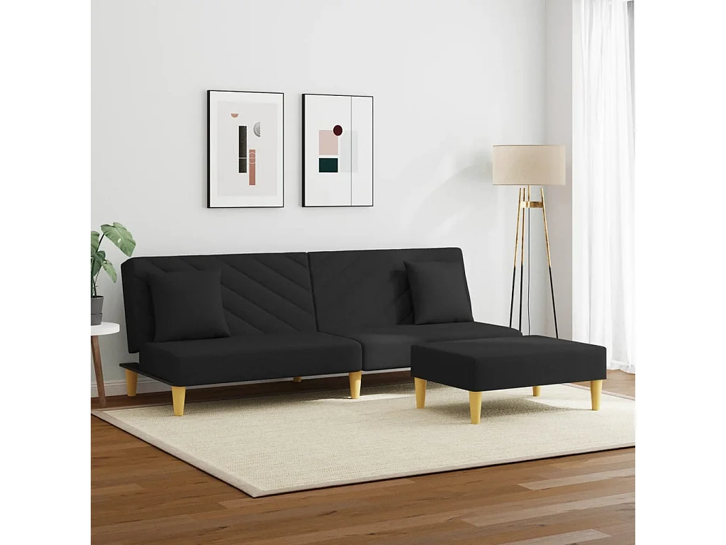 Canapé convertible à 2 places et oreillers et repose-pied noir tissu FR57565