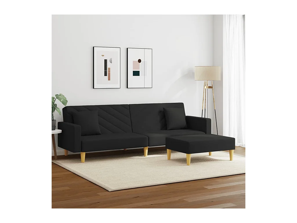 Canapé convertible à 2 places et oreillers et repose-pied noir tissu FR93467