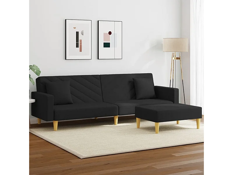 Canapé convertible à 2 places et oreillers et repose-pied noir tissu FR93467