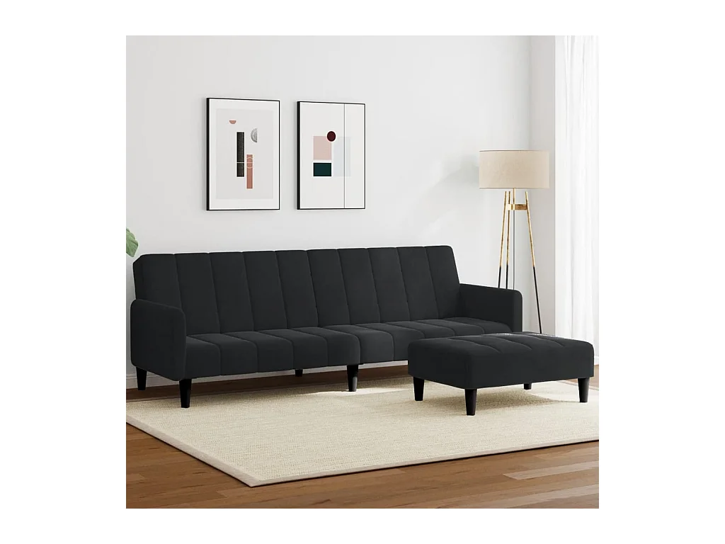Canapé convertible à 2 places avec repose-pied noir velours FR64777