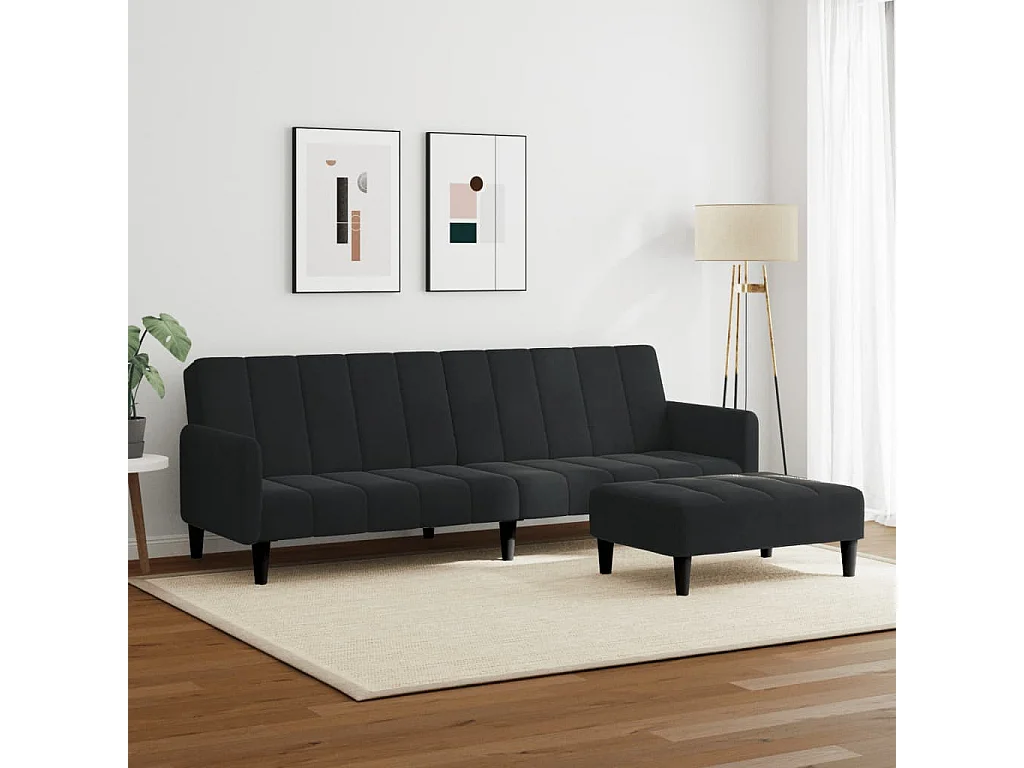 Canapé convertible à 2 places avec repose-pied noir velours FR64777