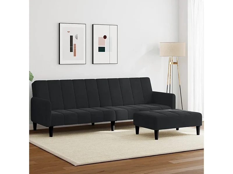 Canapé convertible à 2 places avec repose-pied noir velours FR64777
