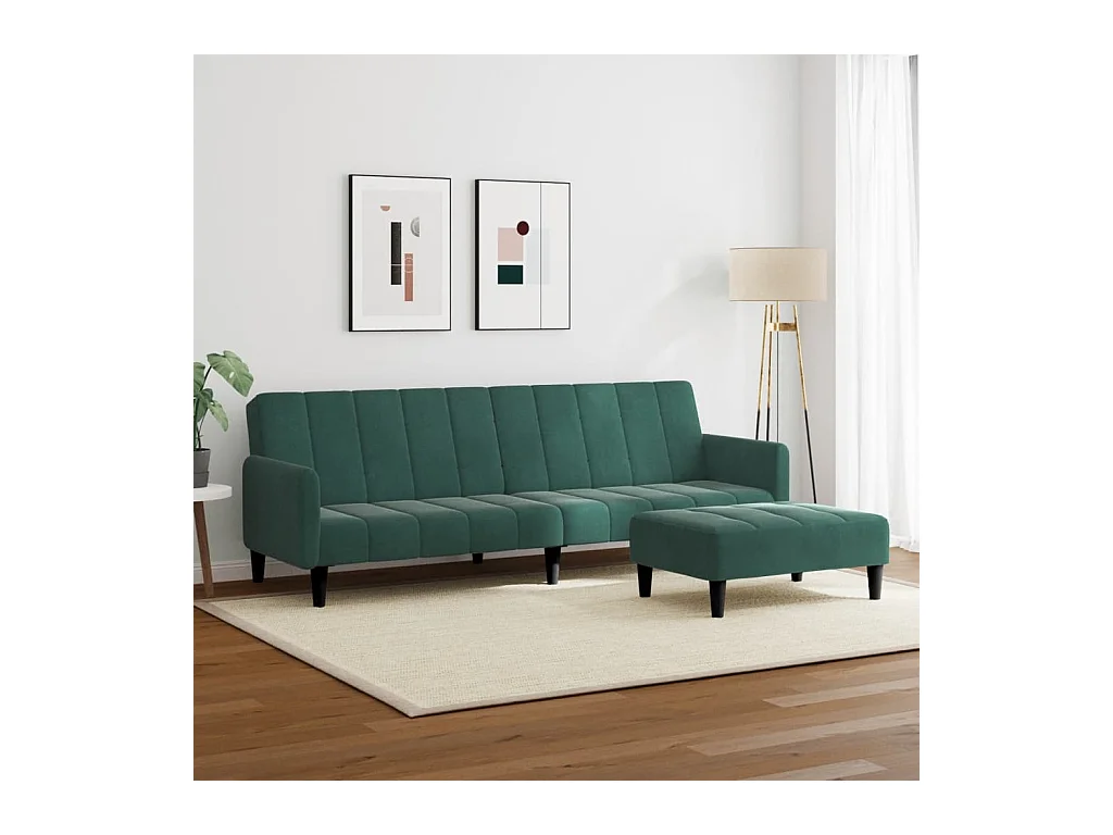 Canapé convertible à 2 places avec repose-pied vert foncé velours FR12421