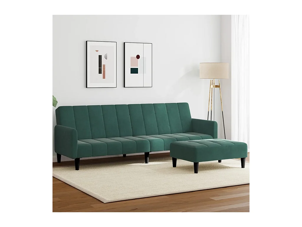 Canapé convertible à 2 places avec repose-pied vert foncé velours FR12421