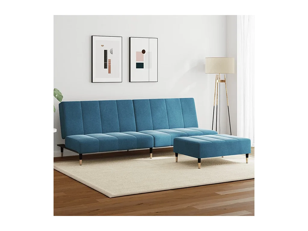 Canapé convertible à 2 places avec repose-pied bleu velours FR69840