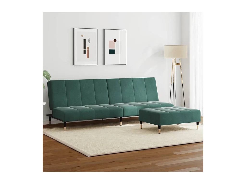 Canapé convertible à 2 places avec repose-pied vert foncé velours FR97635