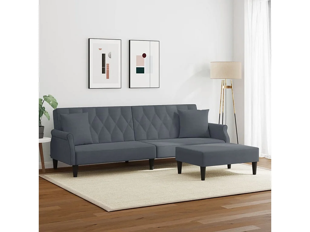 Canapé convertible à 2 places avec oreillers et repose-pied gris foncé FR82326