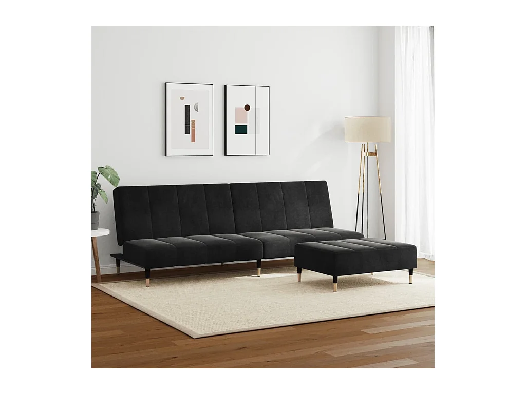 Canapé convertible à 2 places avec repose-pied noir velours FR17302