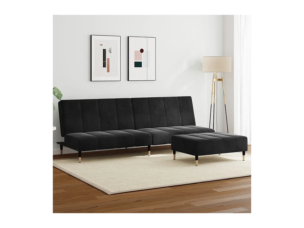 Canapé convertible à 2 places avec repose-pied noir velours FR17302