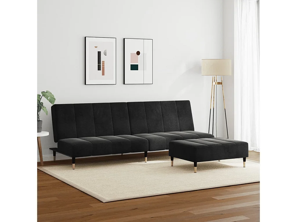 Sofá cama de 2 plazas con taburete terciopelo negro ES886859
