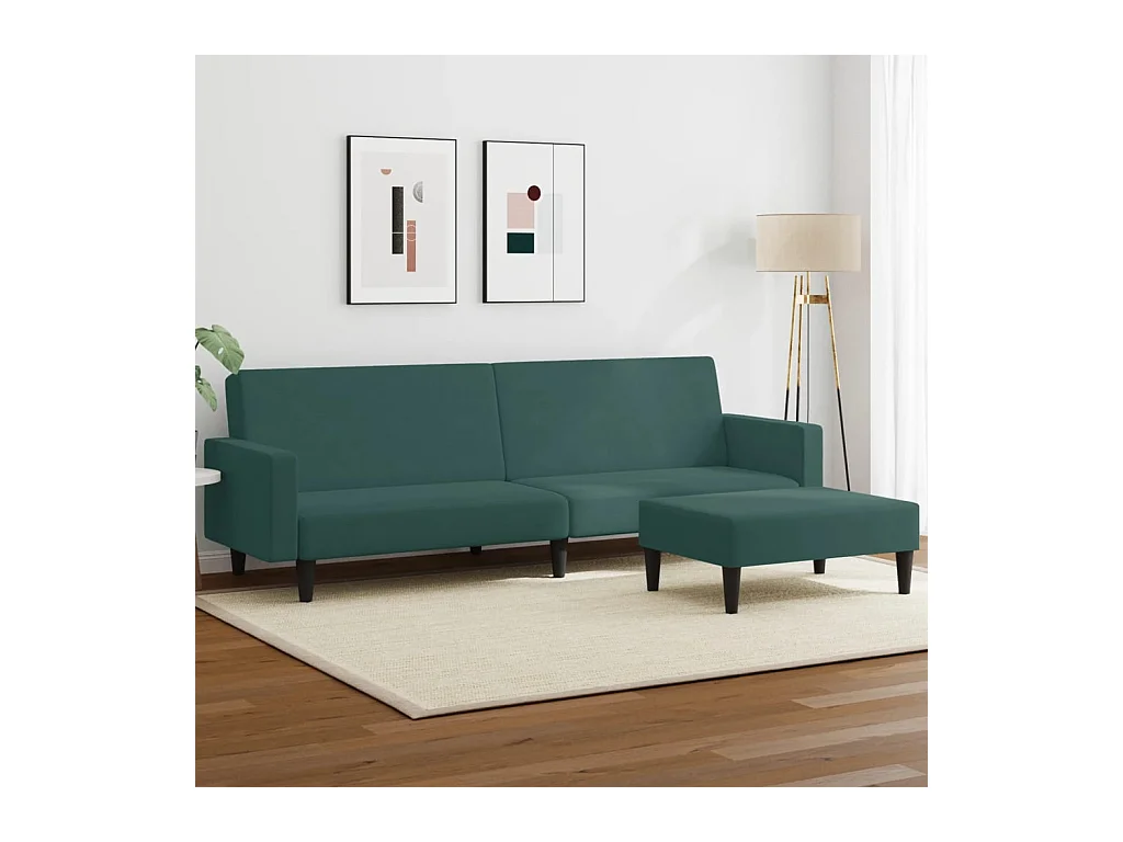 Canapé convertible à 2 places avec repose-pied vert foncé velours FR76546